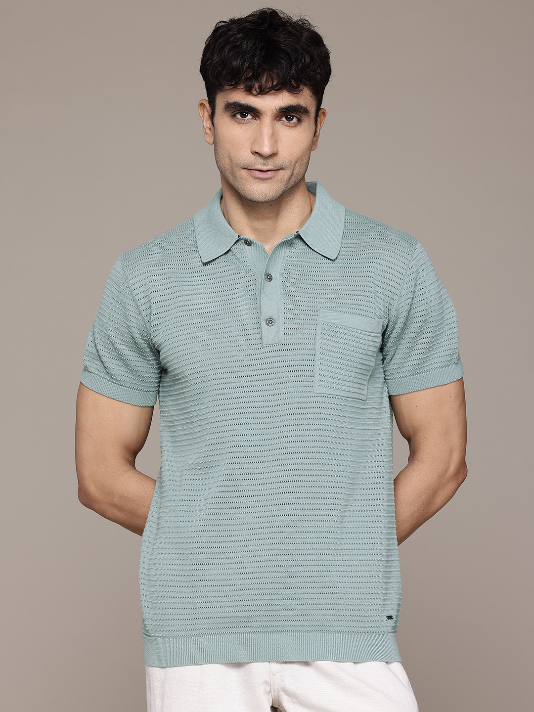 Petrol Ribbed Pure Cotton Pocket Polo Collar T-shirt