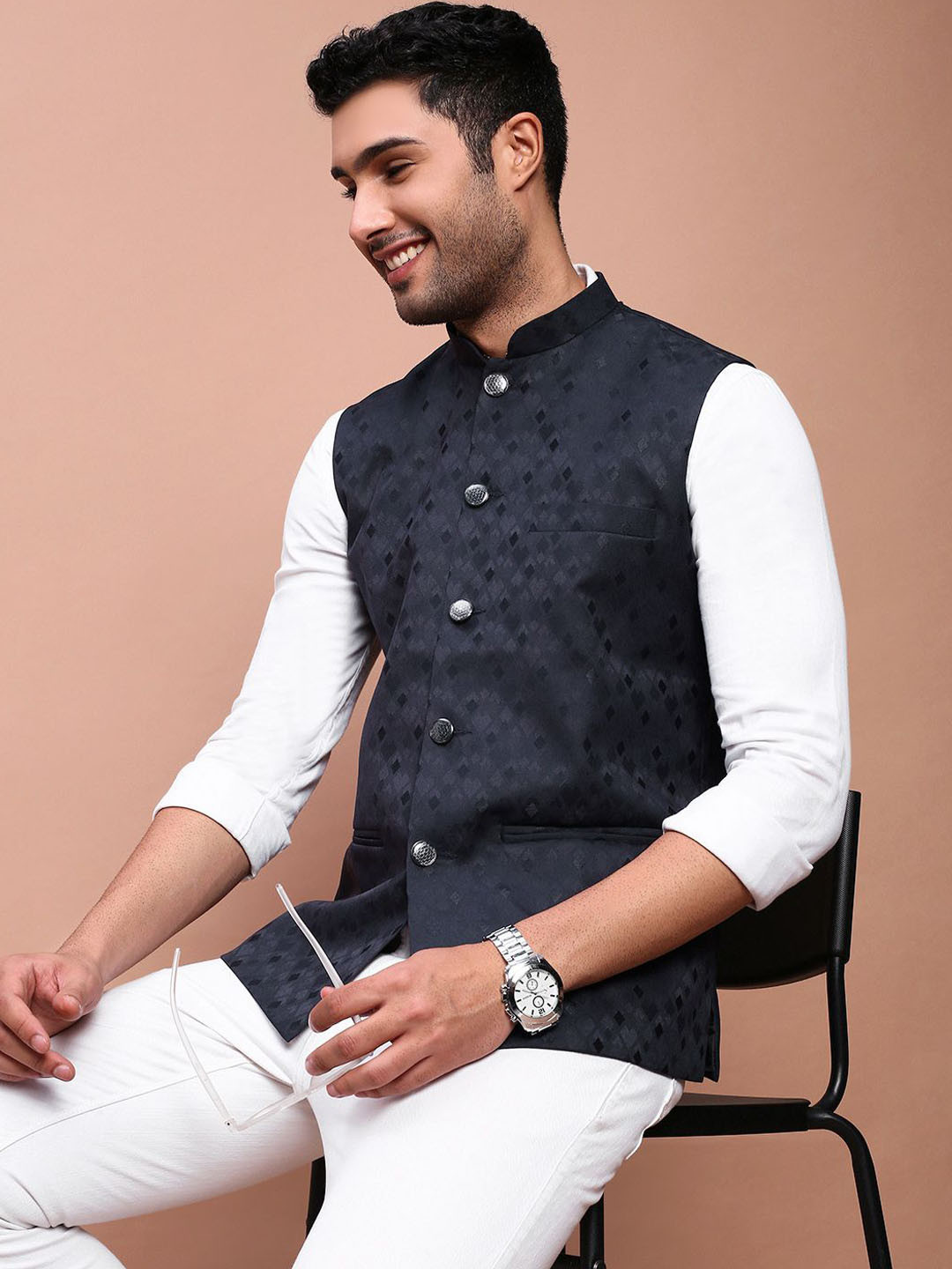 SHOWOFF Men's Woven Design Slim Fit Nehru Jacket
