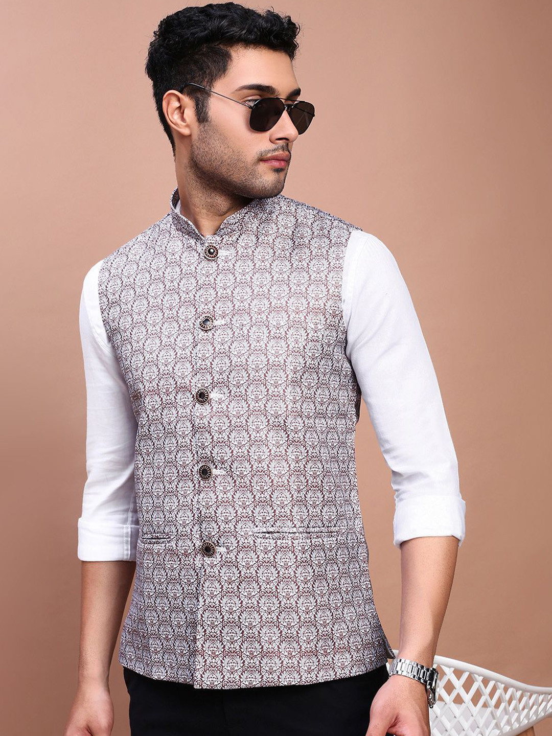 SHOWOFF Men's  Printed Woven Slim-Fit Nehru Jackets