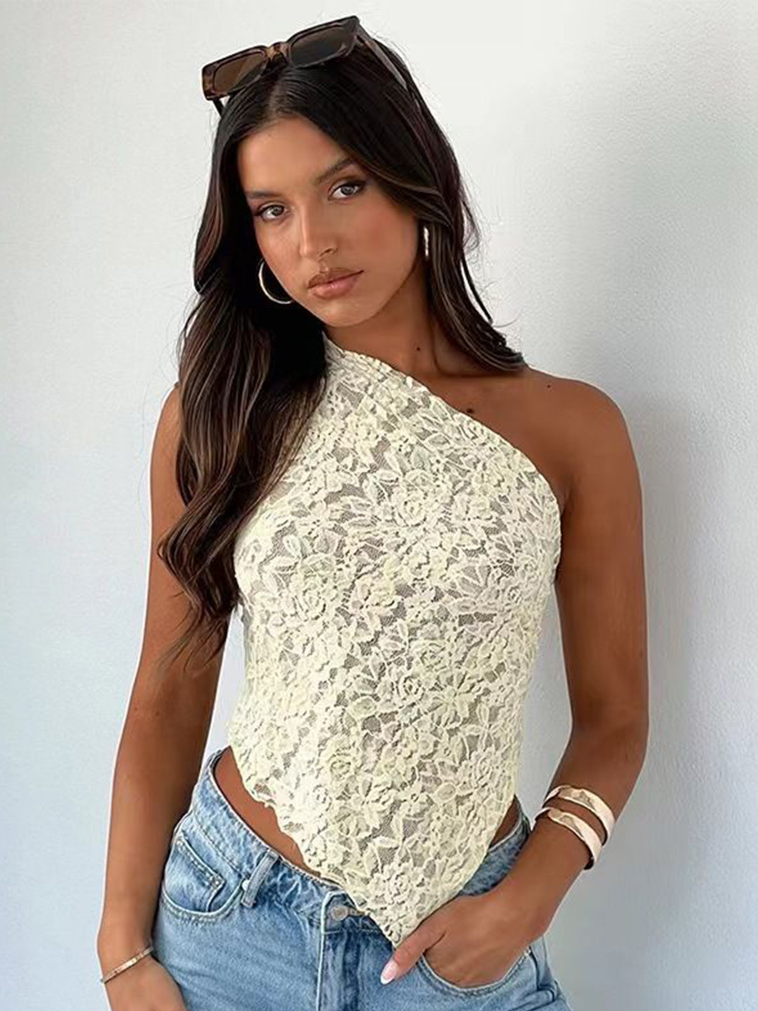 StyleCast x Revolte one shoulder self design Tie-Ups Lace Top