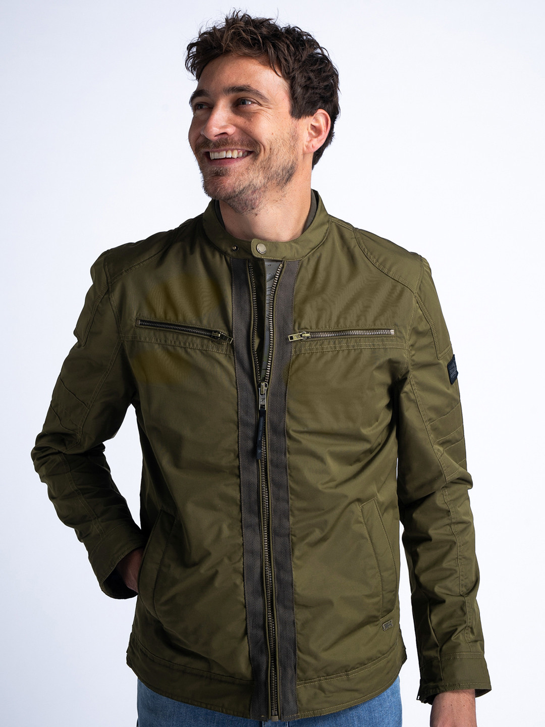 Petrol Mandarin Collar Biker Jacket