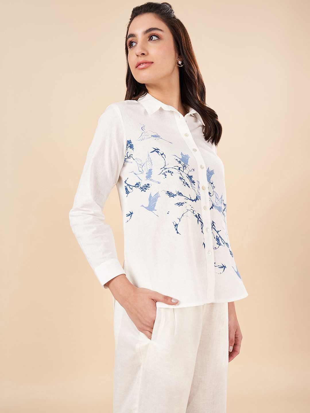 AKKRITI BY PANTALOONS Long Sleeves Shirt Collar Printed Tunic