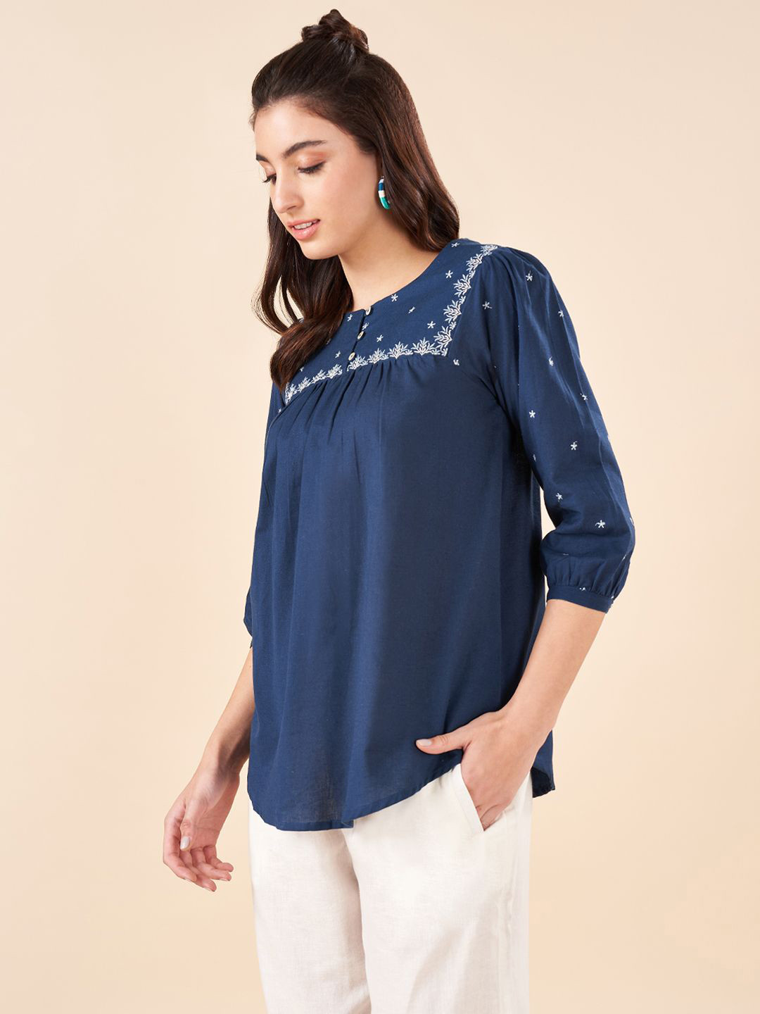 AKKRITI BY PANTALOONS Three-Quarter Sleeves Embroidered Tunic
