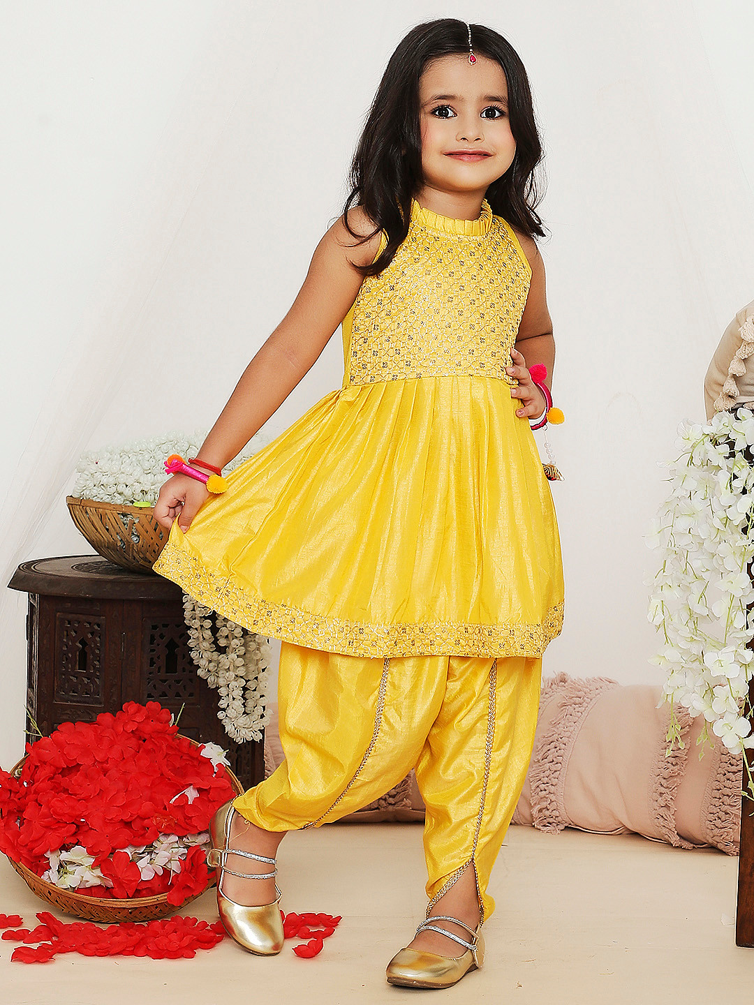KID1 Girls Embroidered Pleated Sequinned Kurti with Dhoti Pants