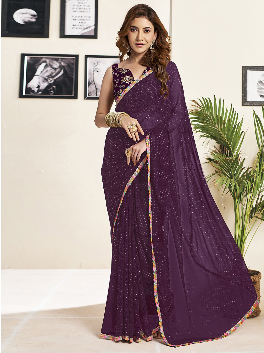 Mitera Sequinned Details Lace Border Pure Georgette Saree