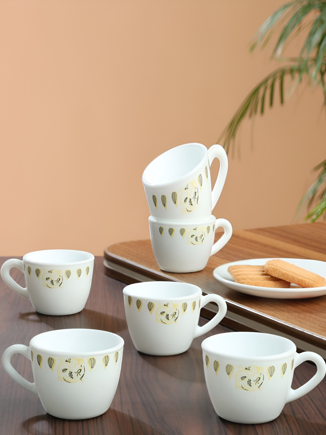 Larah by BOROSIL Double-Wall White Leaf Opalware Microwave Safe 6 Piece Cups-90ml