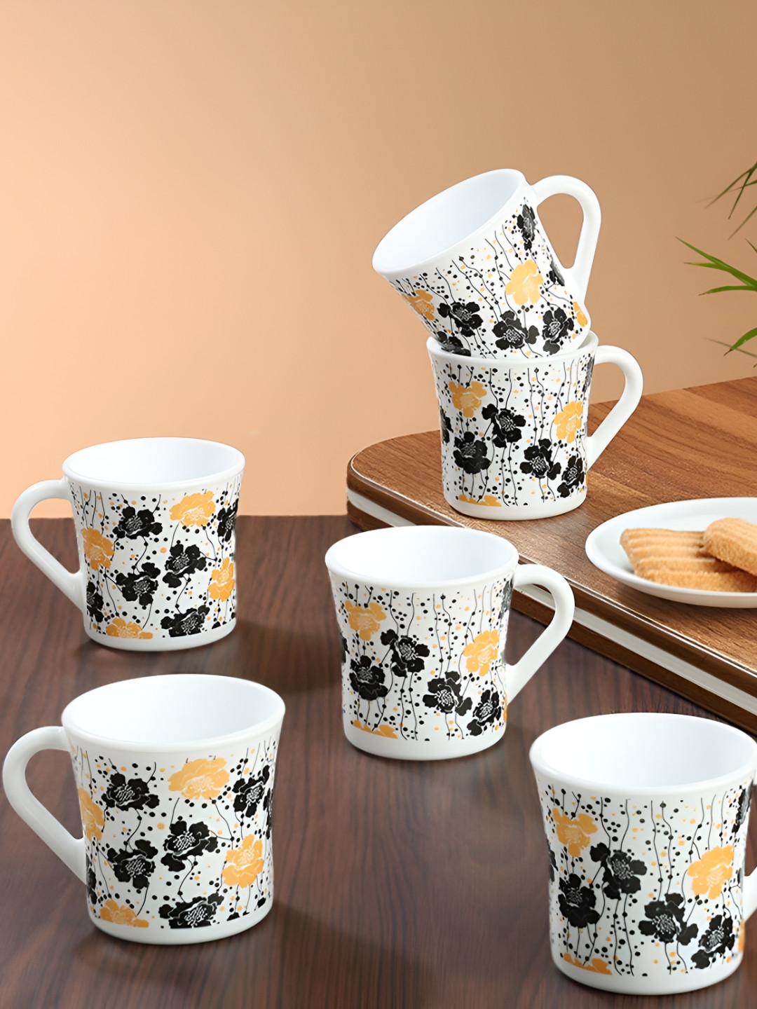 Larah by BOROSIL White 6 Pieces Printed Opalware Matte Mugs 160 ml