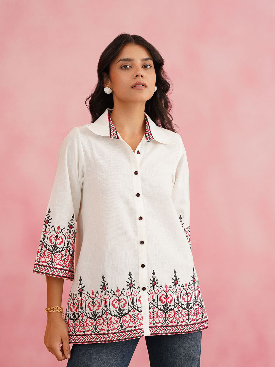INCHING INDIA Embroidered Flared Sleeve Cross Stitch Cotton Top