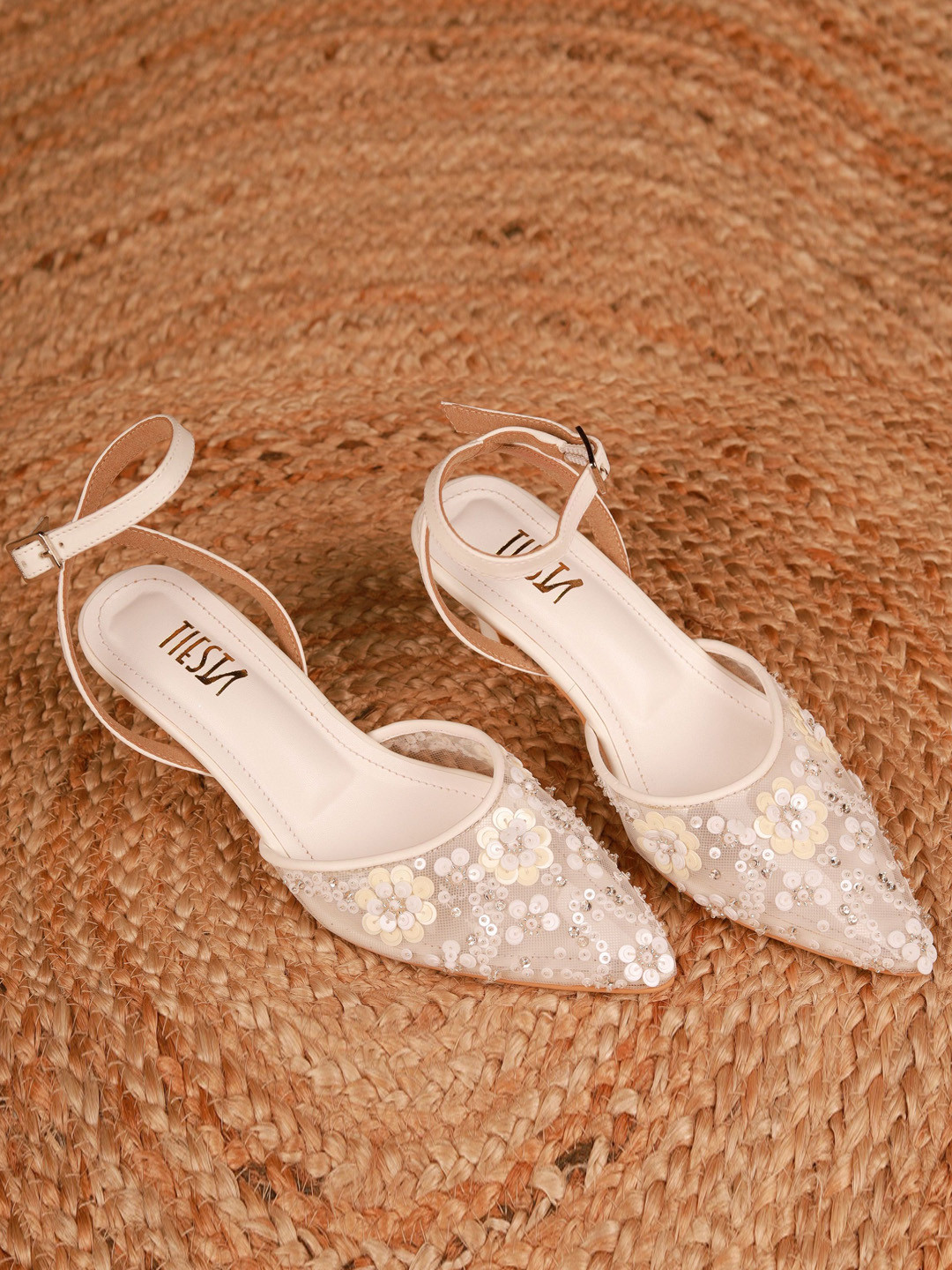 TIESTA Embellished Pointed Toe Kitten Heeled Pumps