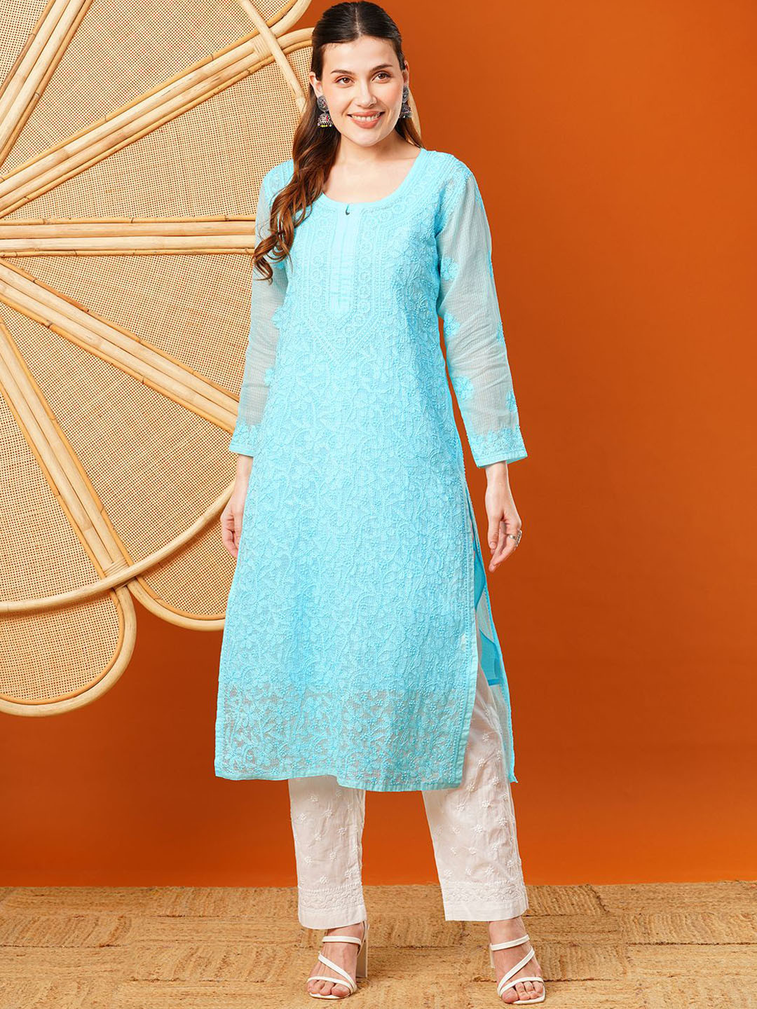 ADA Hand Embroidered Lucknowi Chikankari Blue Kota Straight Kurta With Slip