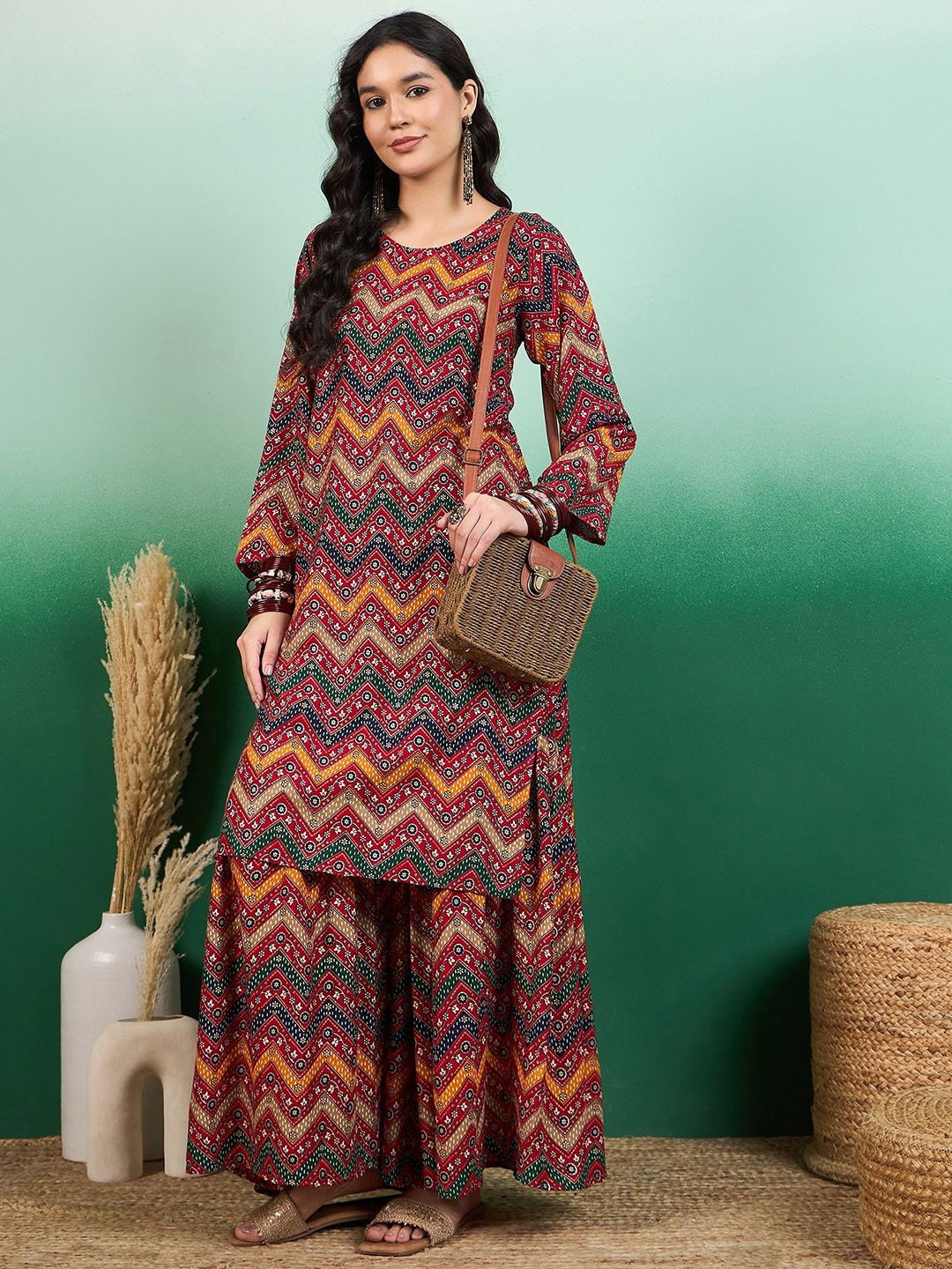 Sangria Red & Yellow Chevron Printed Round Neck Straight Kurta With Palazzo