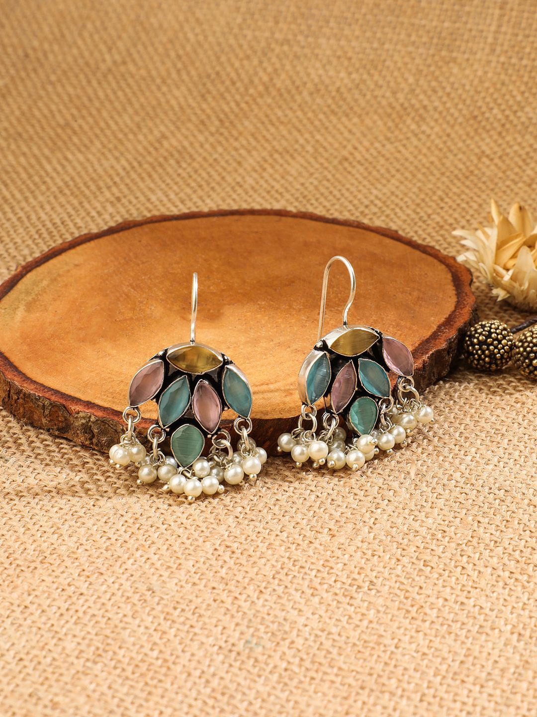 EL REGALO Stone Studded & Beaded Contemporary Drop Earrings