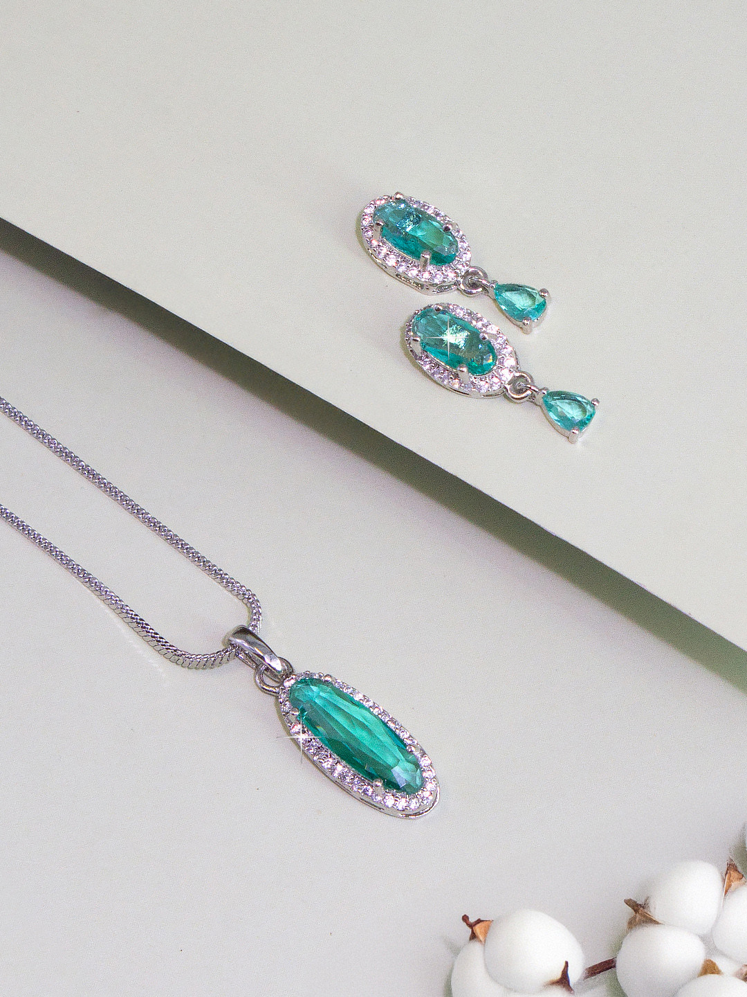 PRIVIU Rhodium Plated American Diamond Pendant & Earrings Set