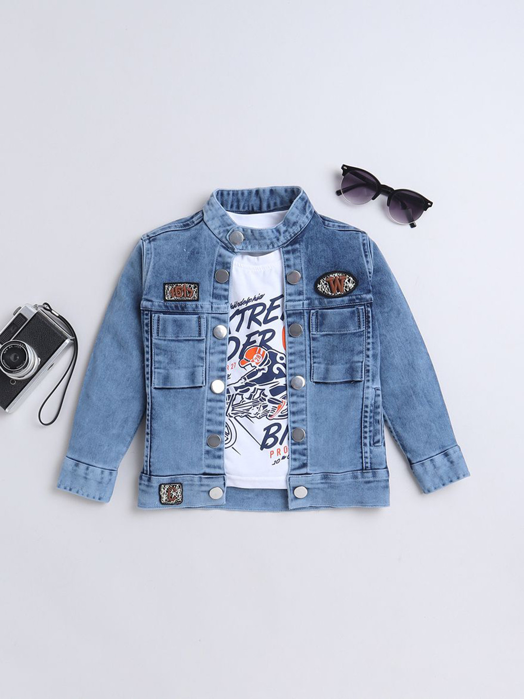 Ministitch Boys Washed Denim Crop Jacket Solid With Printed Tshirt