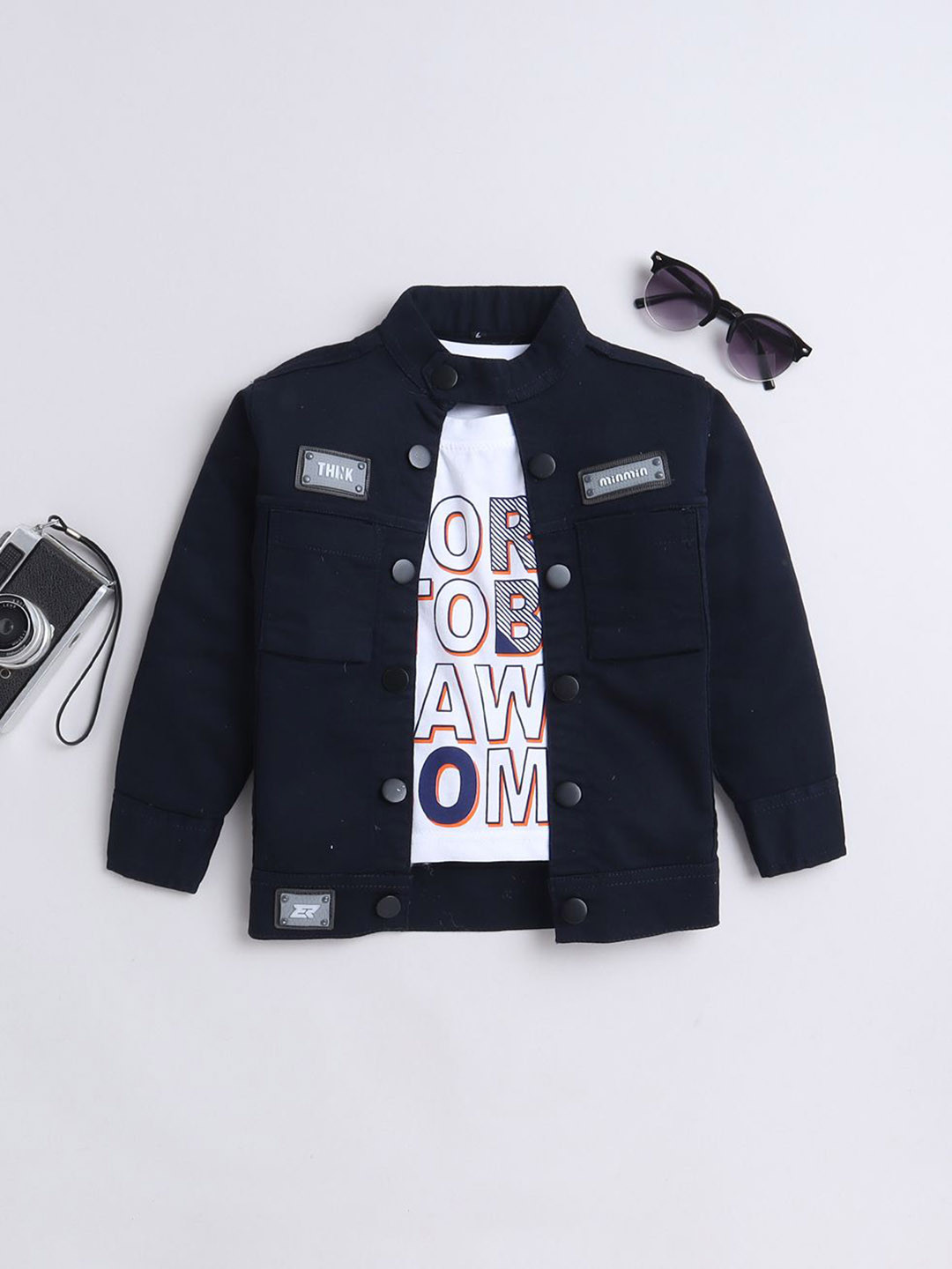 Ministitch Boys Printed Solid Washed Denim Jacket with Patchwork