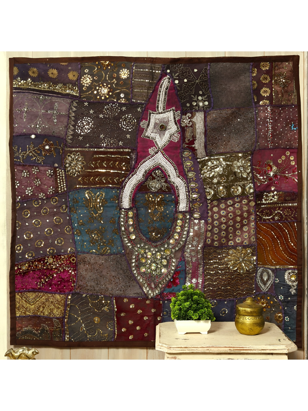 HANDICRAFT PALACE Coffee Brown & Purple Embroidery Beaded Patchwork Tapestry
