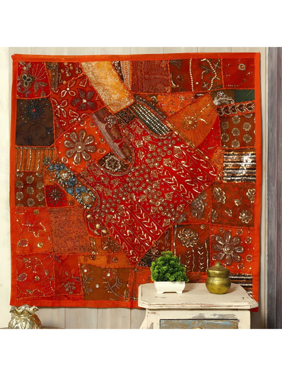 HANDICRAFT PALACE Orange & Gold Toned Embroidery Patchwork Tapestry