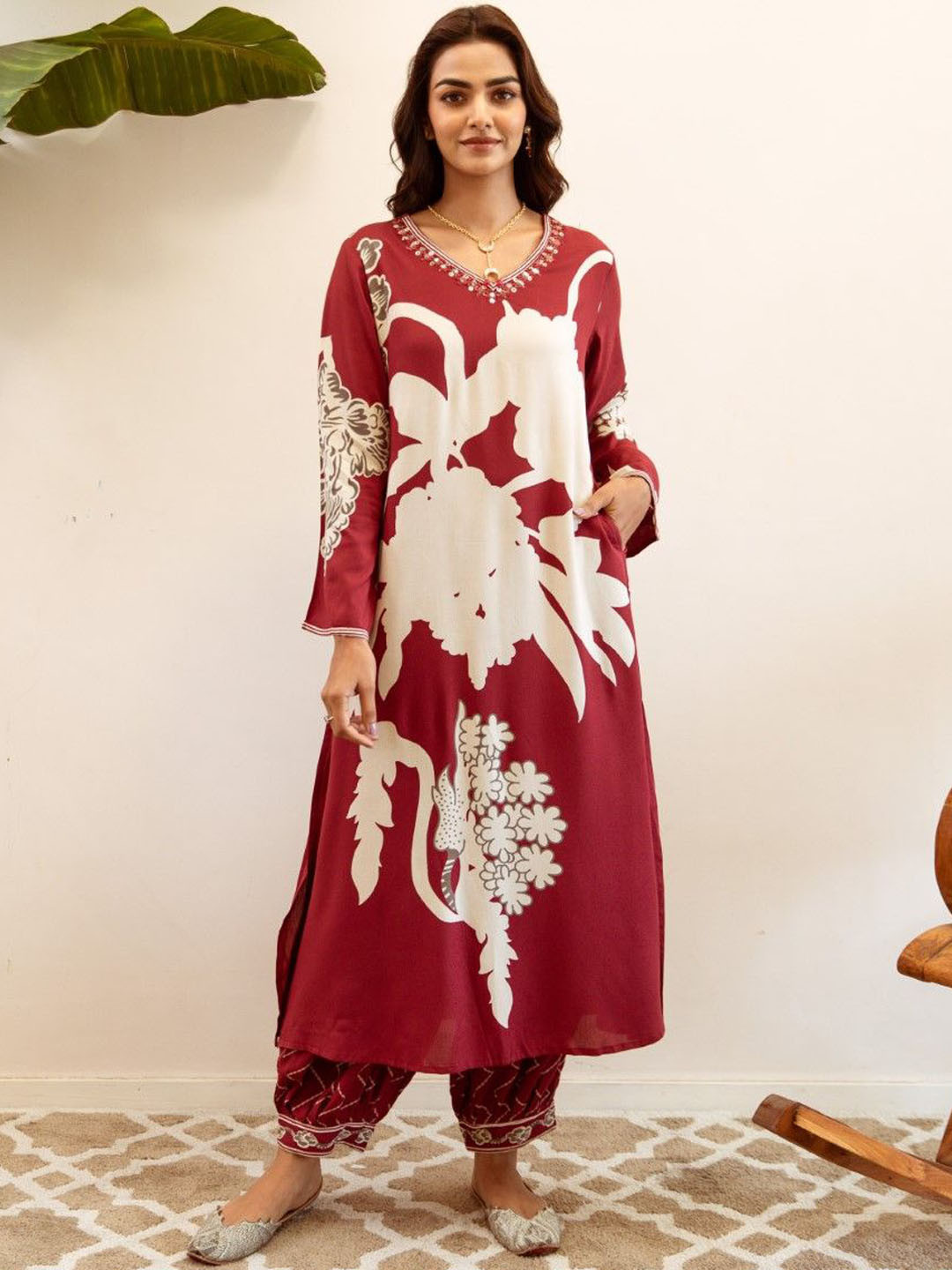 AUTUMN LANE Sargun Scarlet Floral Printed Sequinned Pure Cotton A-Line Kurta With Trousers