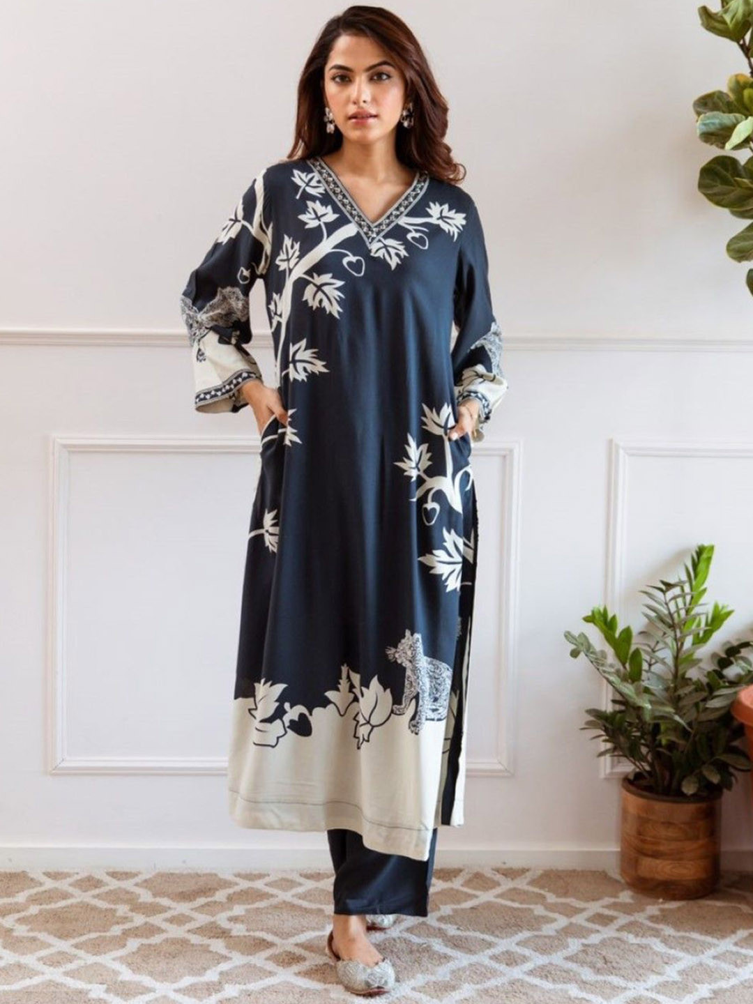 AUTUMN LANE Jagdeep Azure Floral Printed Regular Pure Cotton A-Line Kurta With Trousers