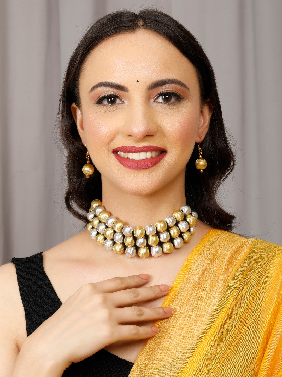 VIVAZS Brass Gold And Silver Plated Off White Multi Beaded Layered Necklace