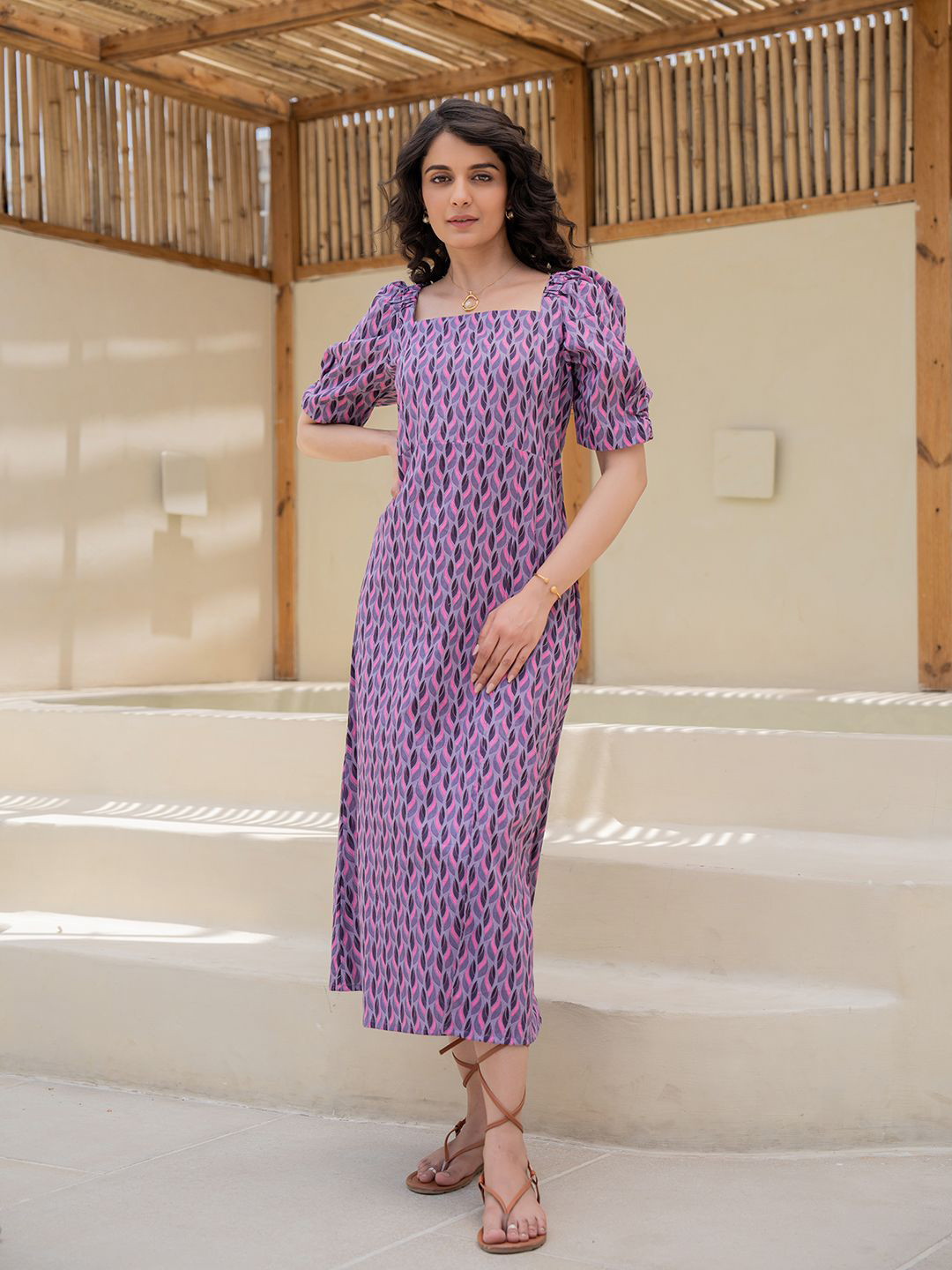 FEATHERS CLOSET Print A-Line Cotton Midi Dress