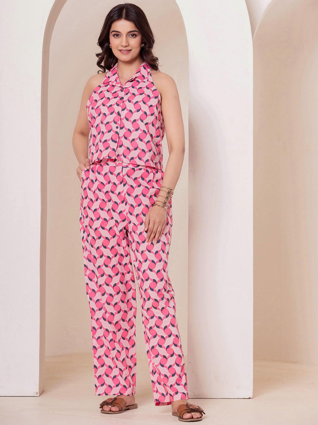 FEATHERS CLOSET Geometric Printed Pure Cotton Top With Trouser