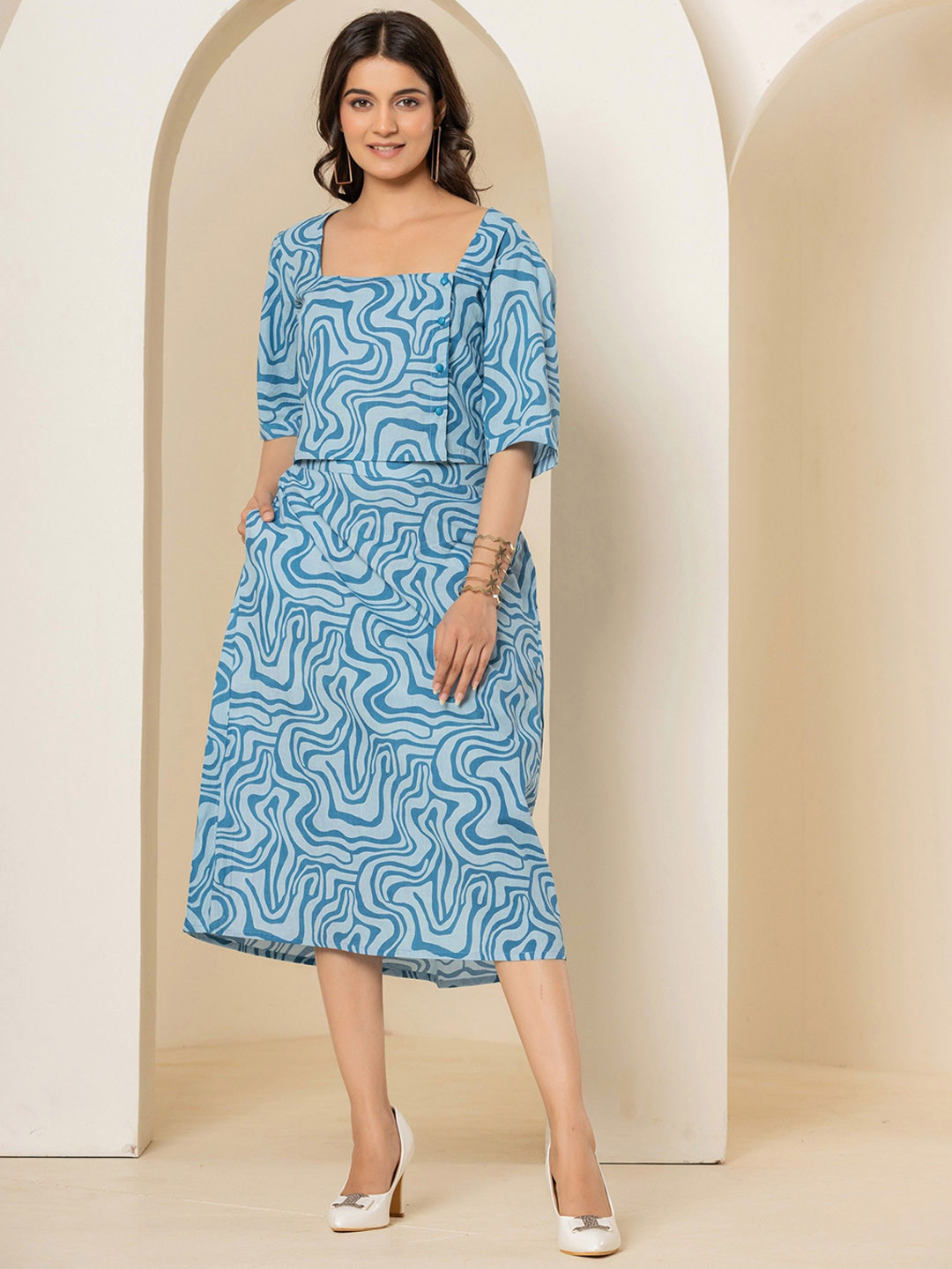 FEATHERS CLOSET Printed Square Neck Pure Cotton Top With Skirt