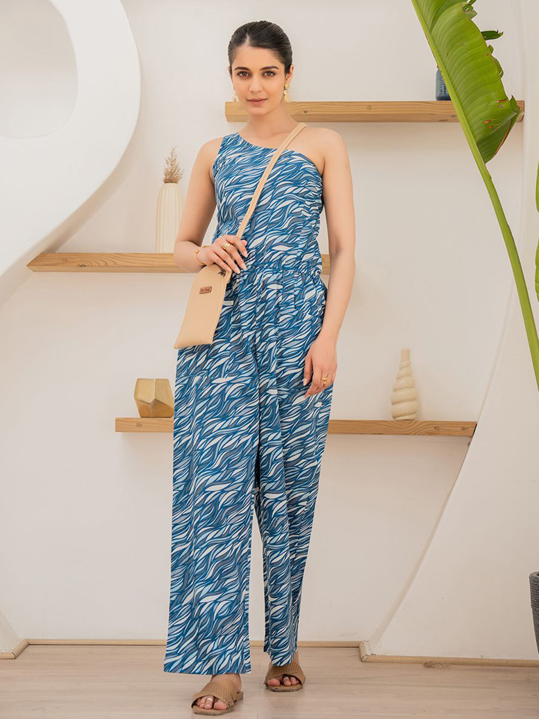 FEATHERS CLOSET Printed One Shoulder Cotton Basic Jumpsuit