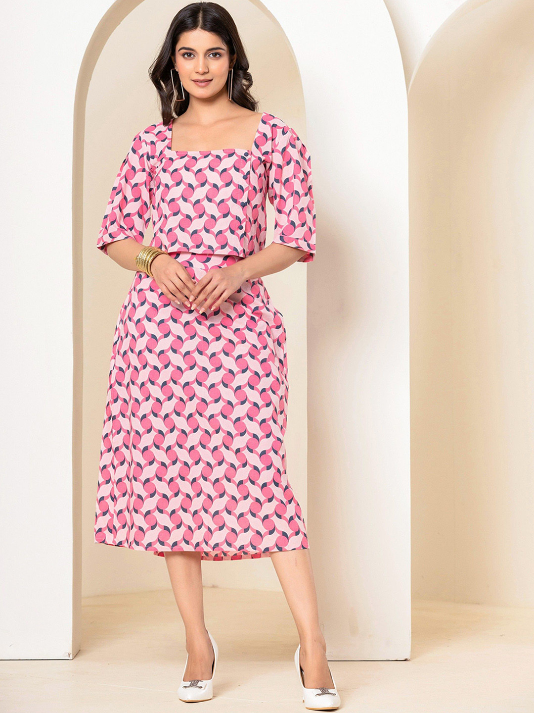 FEATHERS CLOSET Geometric Printed Pure Cotton Top With Skirt