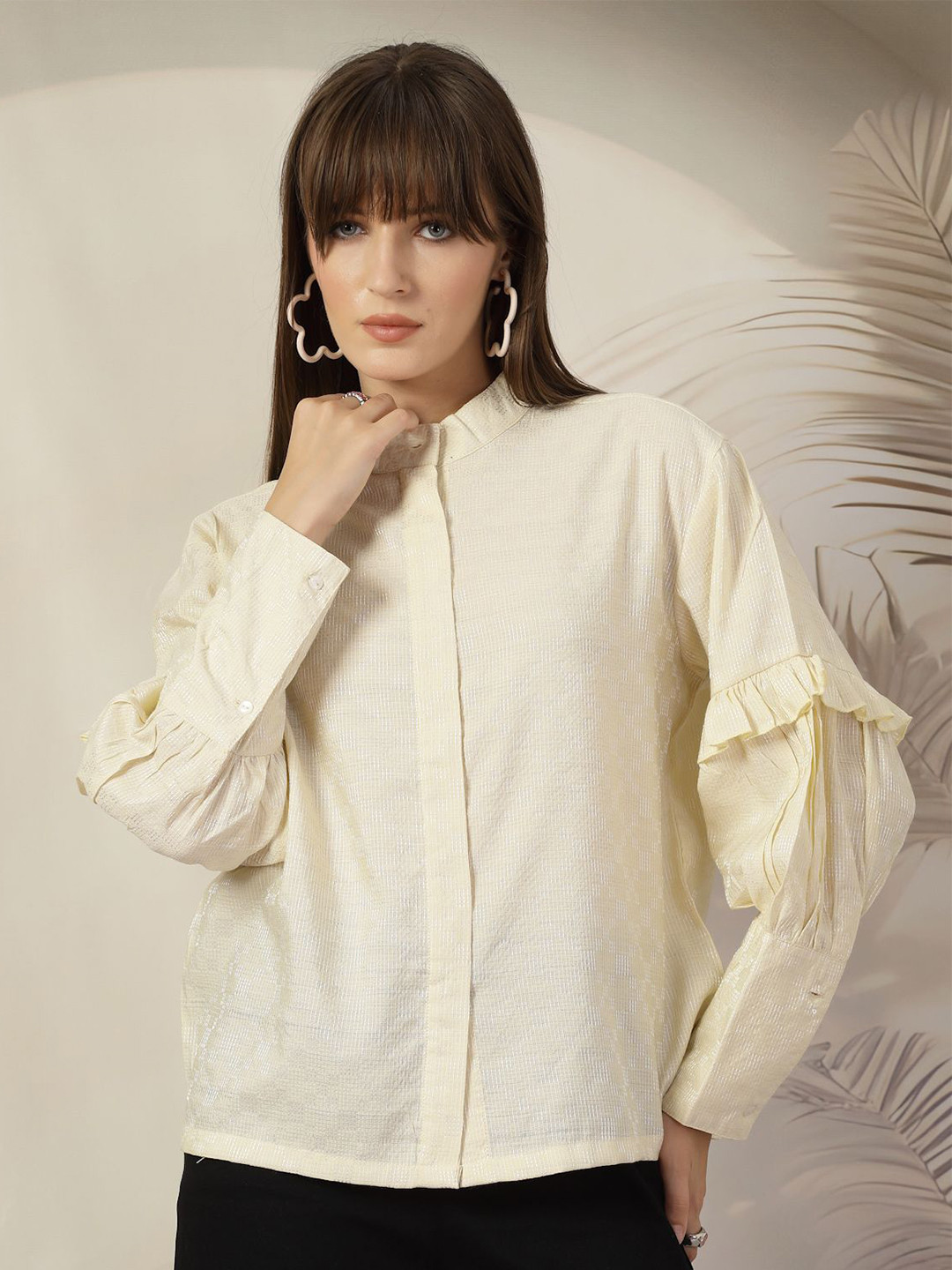 plusS Mandarin Collar Cuffed Sleeves Ruffles Shirt Style Top