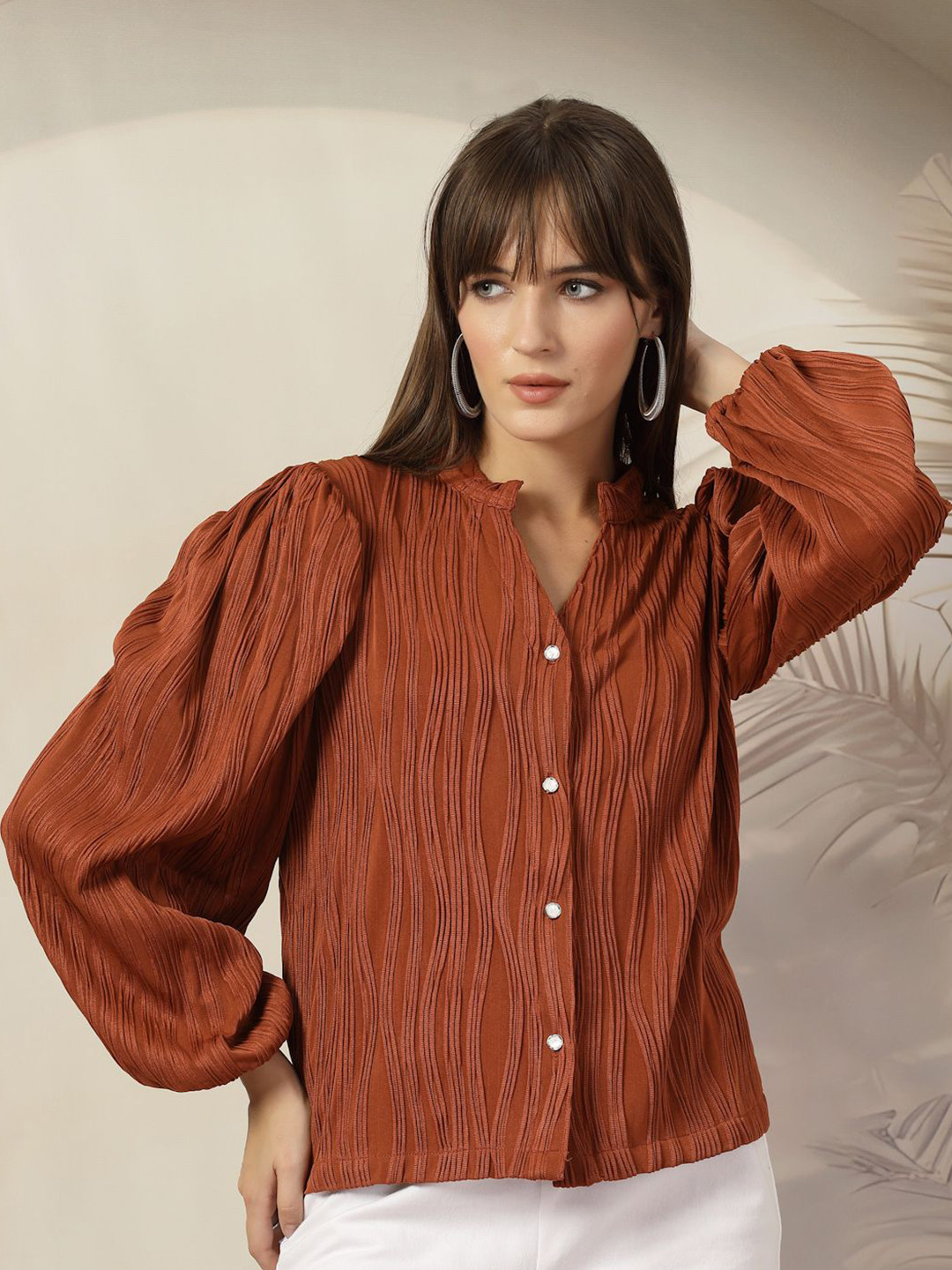 plusS Striped mandarin collar puff sleeves vertical stripes shirt style top