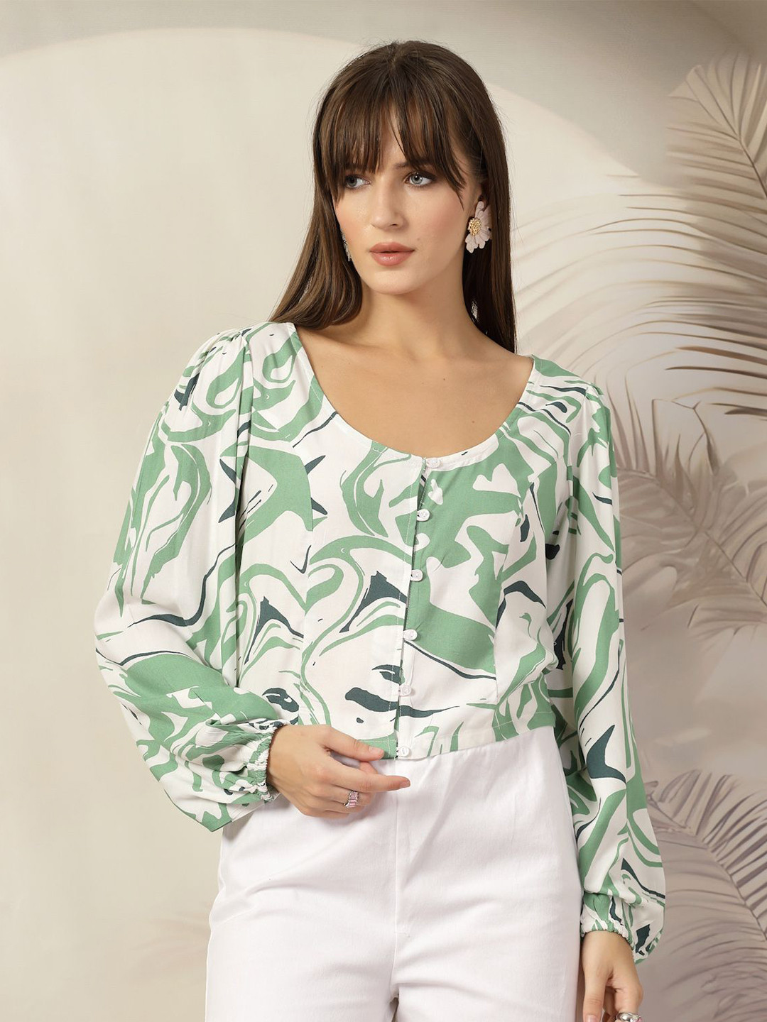 plusS Women Abstract Print Scoop Neck Long Sleeves Cotton Top