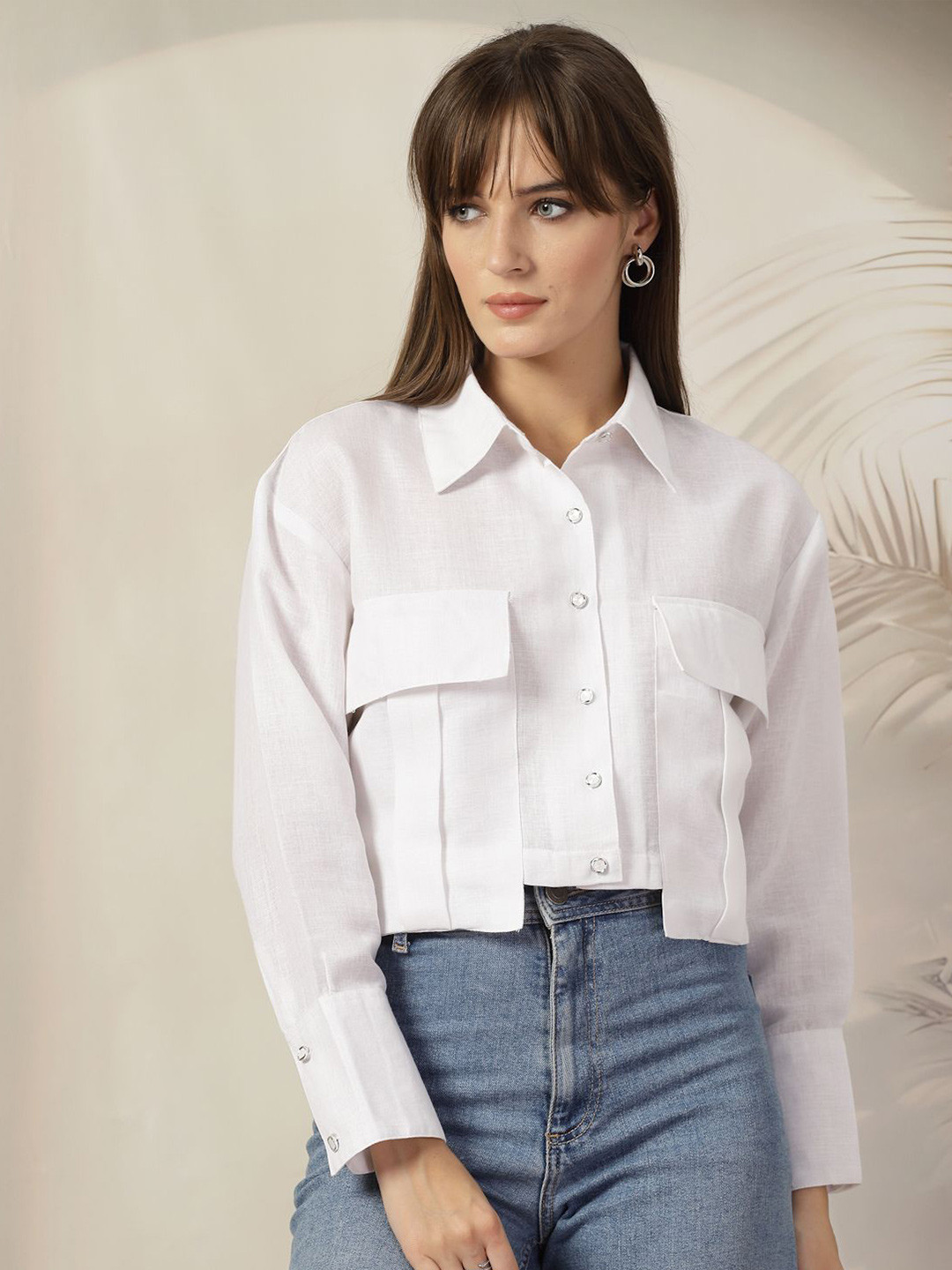 plusS Women Solid Pockets Crop Casual Shirt