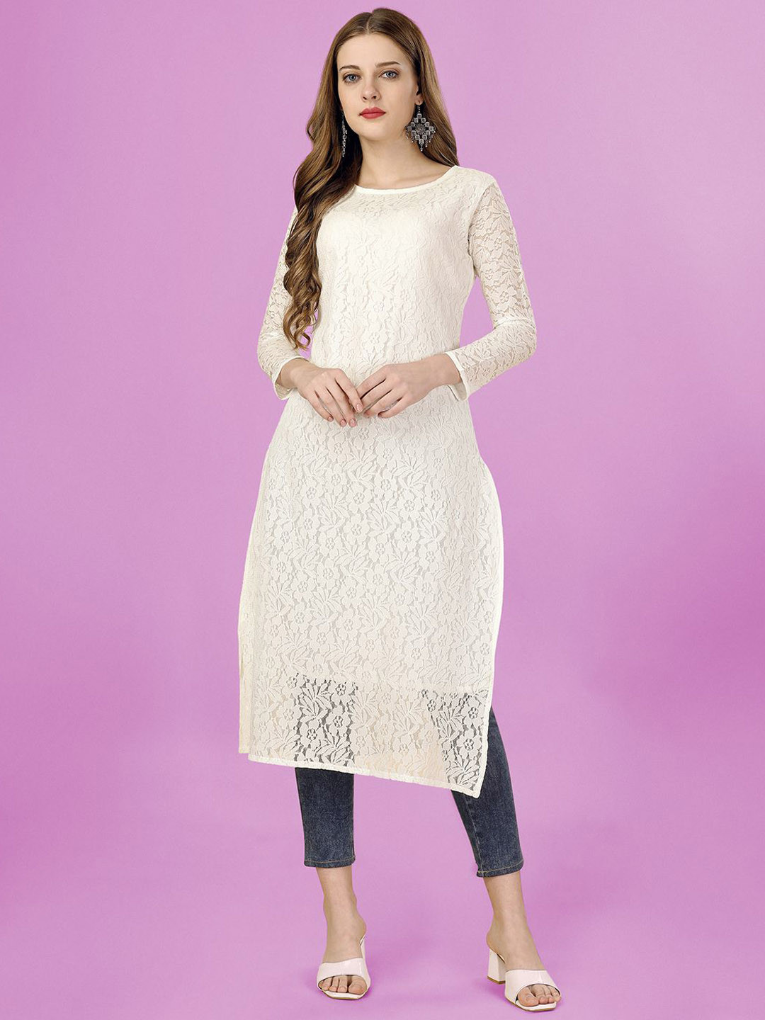 FORKEY Geometric Embroidered Boat Neck A-Line Kurta