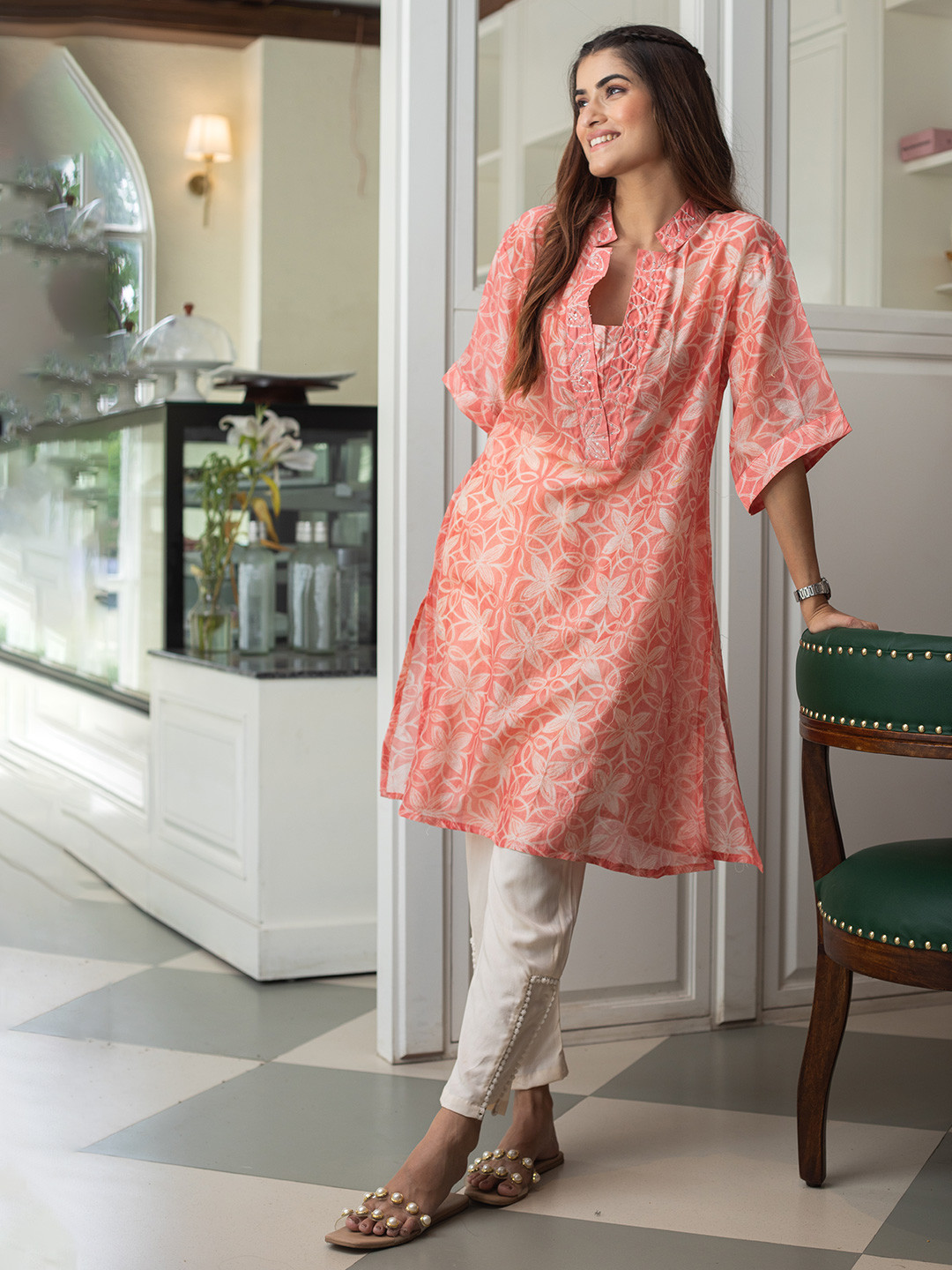 ANUVAS Visyati Floral Printed Mandarin Collar Chanderi Cotton Straight Kurta
