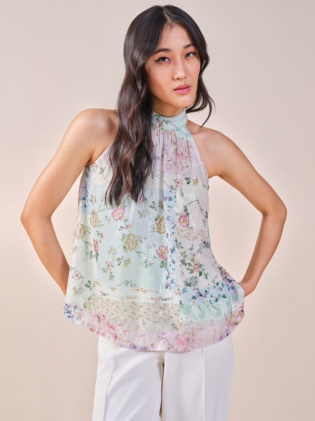 AND Women High Neck Sleeveless Floral Print Top
