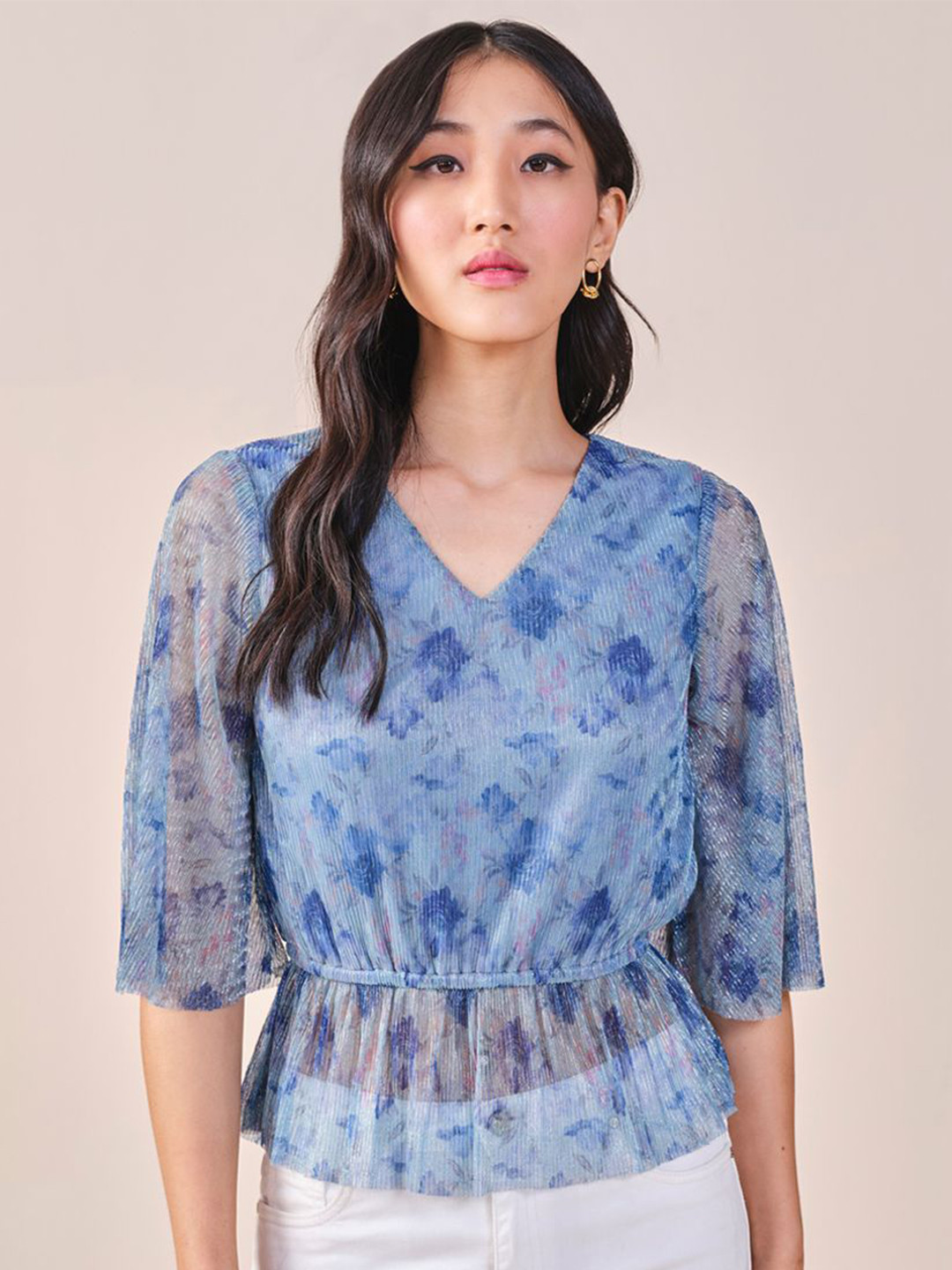 AND polyester v-neck abstract printed peplum top