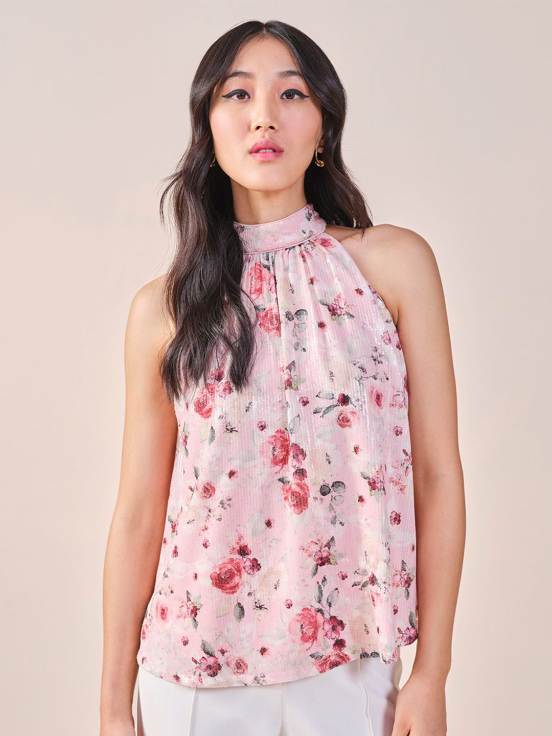 AND Women Floral Print High Neck Sleeveless Top