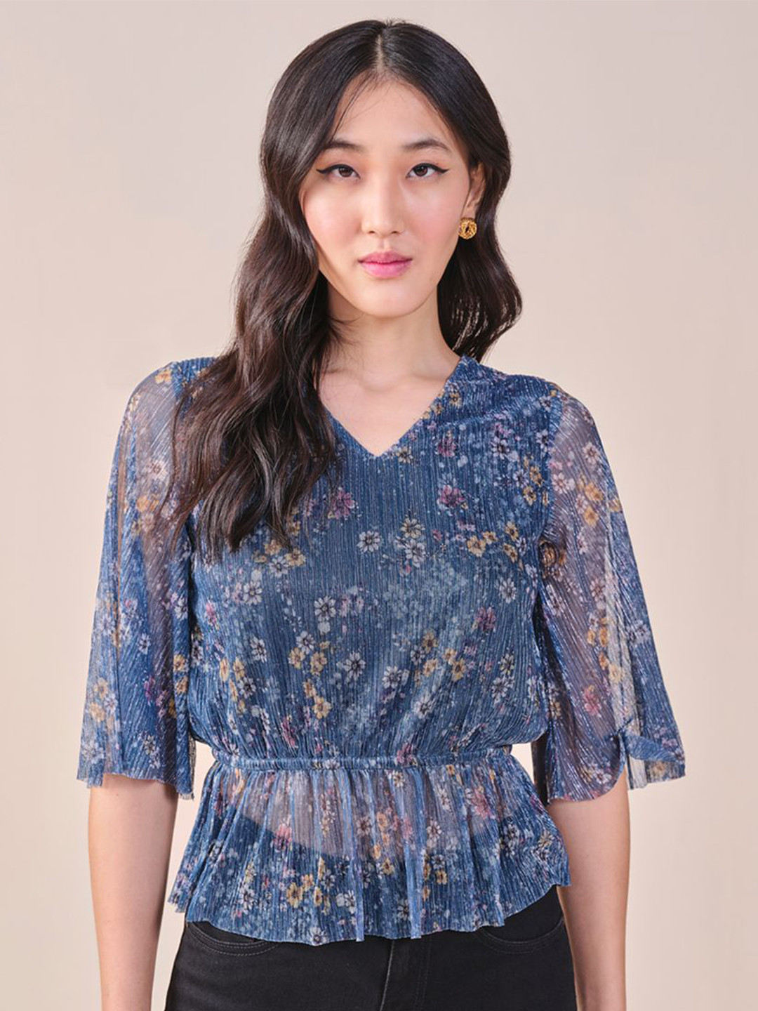 AND polyester floral printed v-neck peplum Top