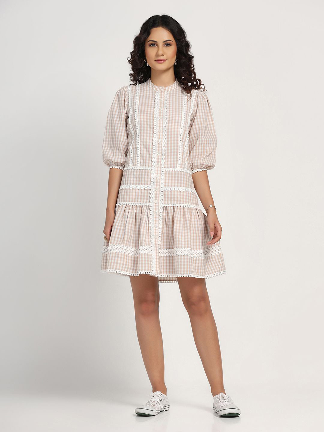 LELA Women Puff Sleeve A-Line Dress With Laces