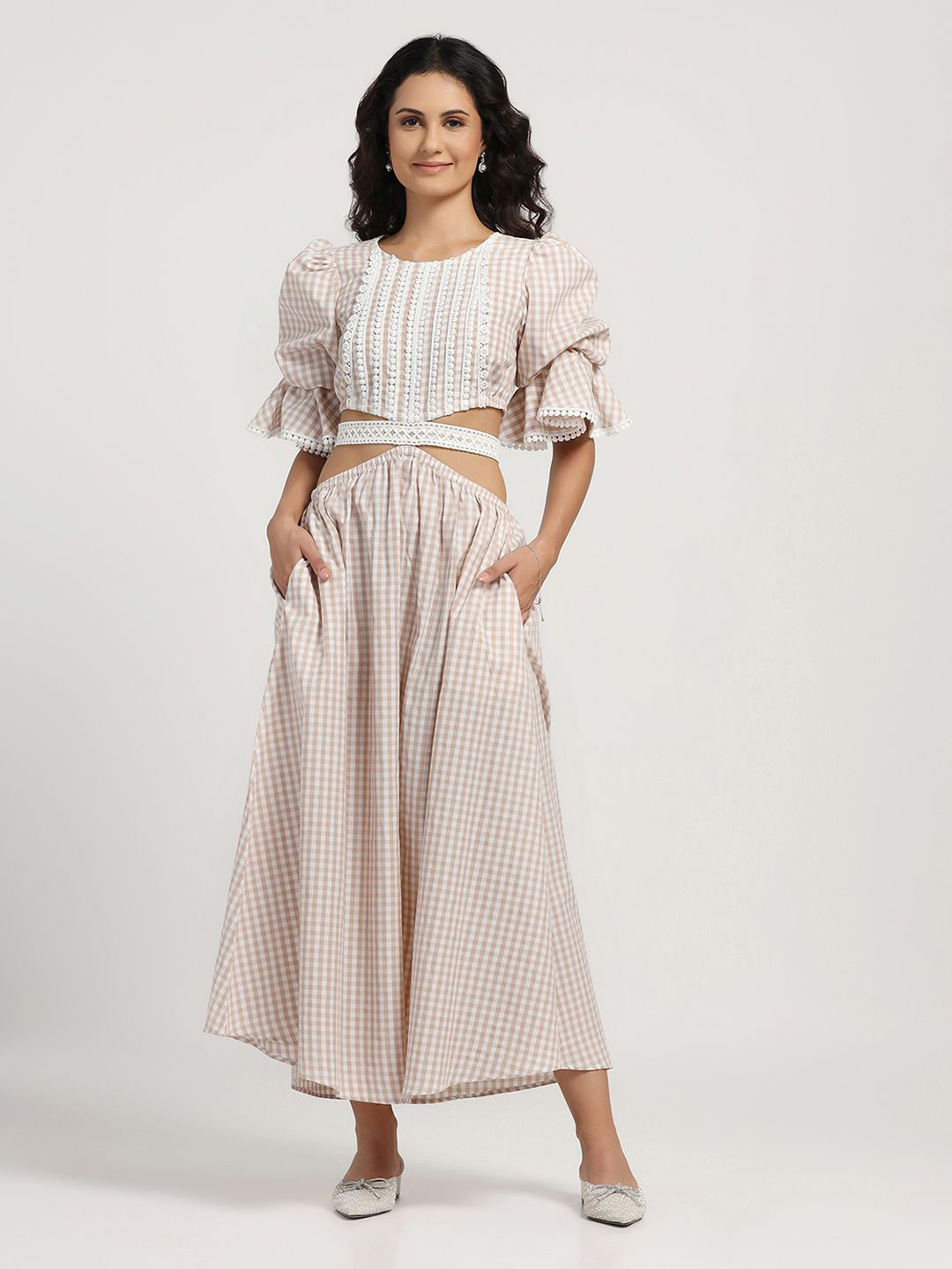 LELA Women Checked Bell Sleeve Maxi Dress With Lace Yoke Design