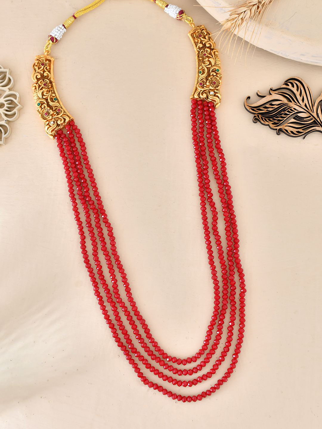 Silvermerc Designs Brass Gold-Plated 4 Layers Kundan Beaded Necklace