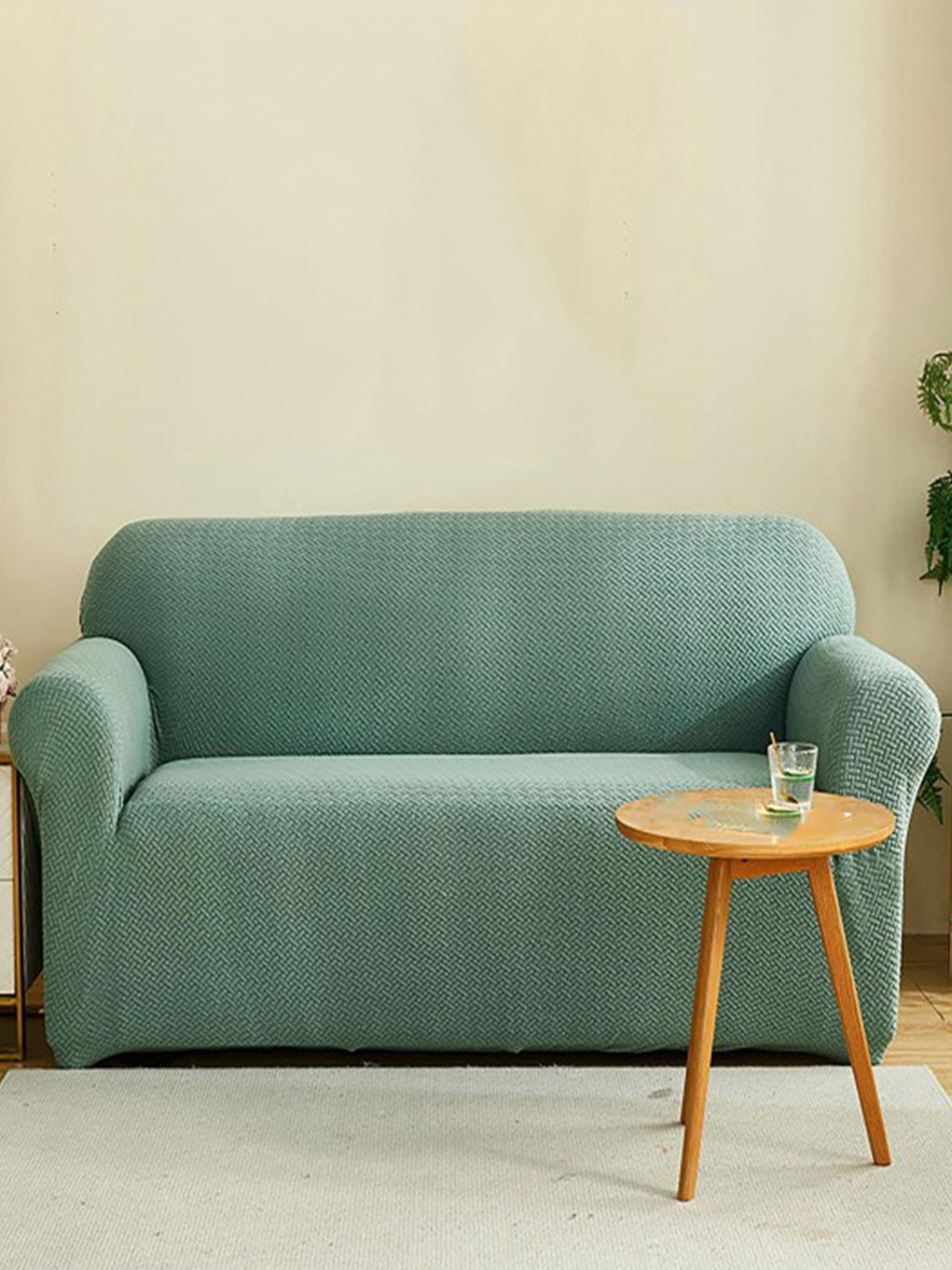 HOUSE OF QUIRK Green Fleece 5-Seater Stretchable Sofa Slipcover