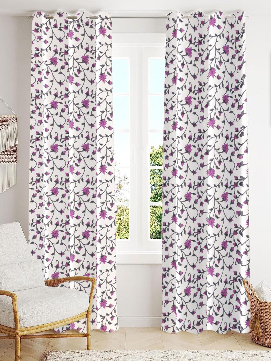 Trance Home Linen White 2 Pieces Printed Room Darkening Pure Cotton Long Door Curtains