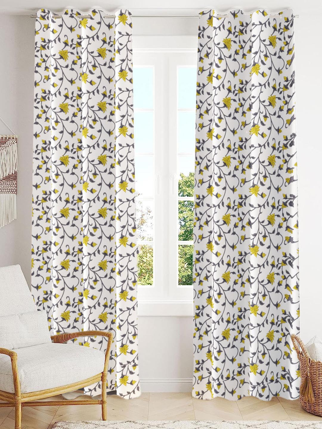 Trance Home Linen Yellow 2 Pieces Printed Room Darkening Pure Cotton Long Door Curtains