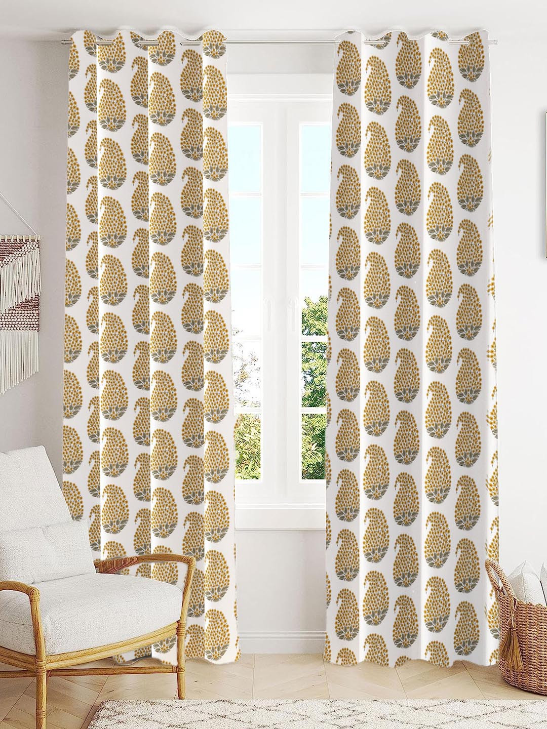 Trance Home Linen Gold Toned 2 Pcs Printed Room Darkening Pure Cotton Long Door Curtains
