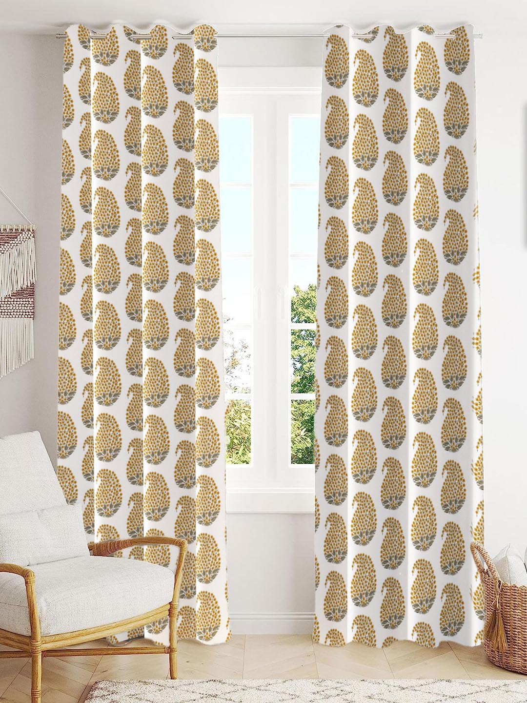 Trance Home Linen Gold Toned 2 Pcs Printed Room Darkening Pure Cotton Long Door Curtains