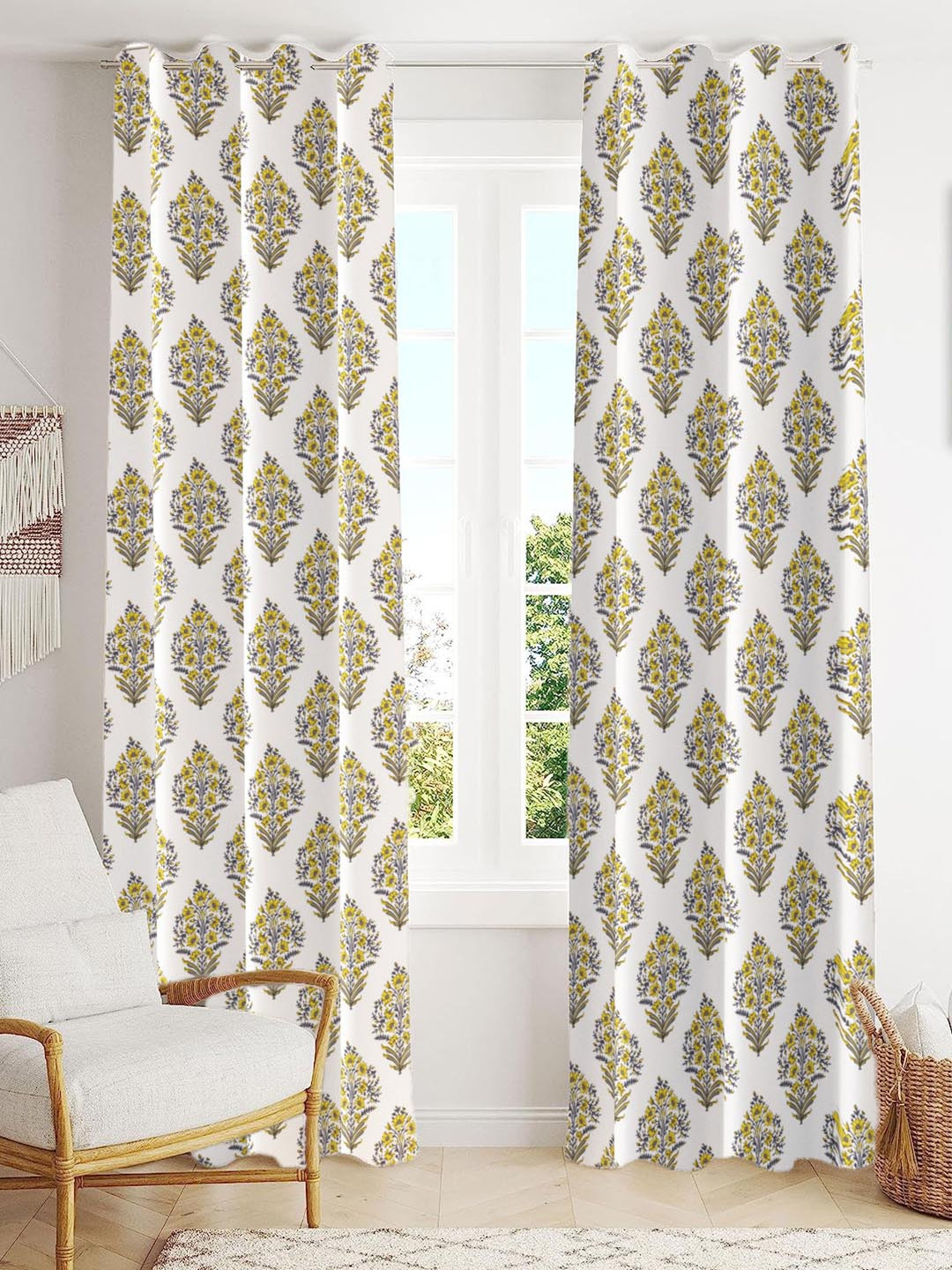 Trance Home Linen Yellow & White 2 Pcs Printed Room Darkening Pure Cotton Door Curtains