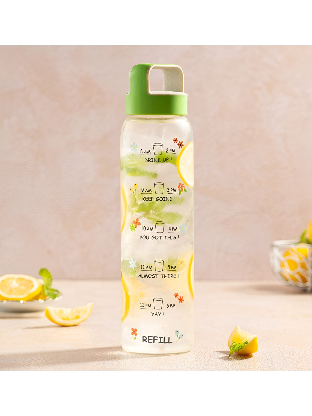 BOROSIL Neo Motivational Green & Transparent Single Glass Printed Water Bottle 1 L