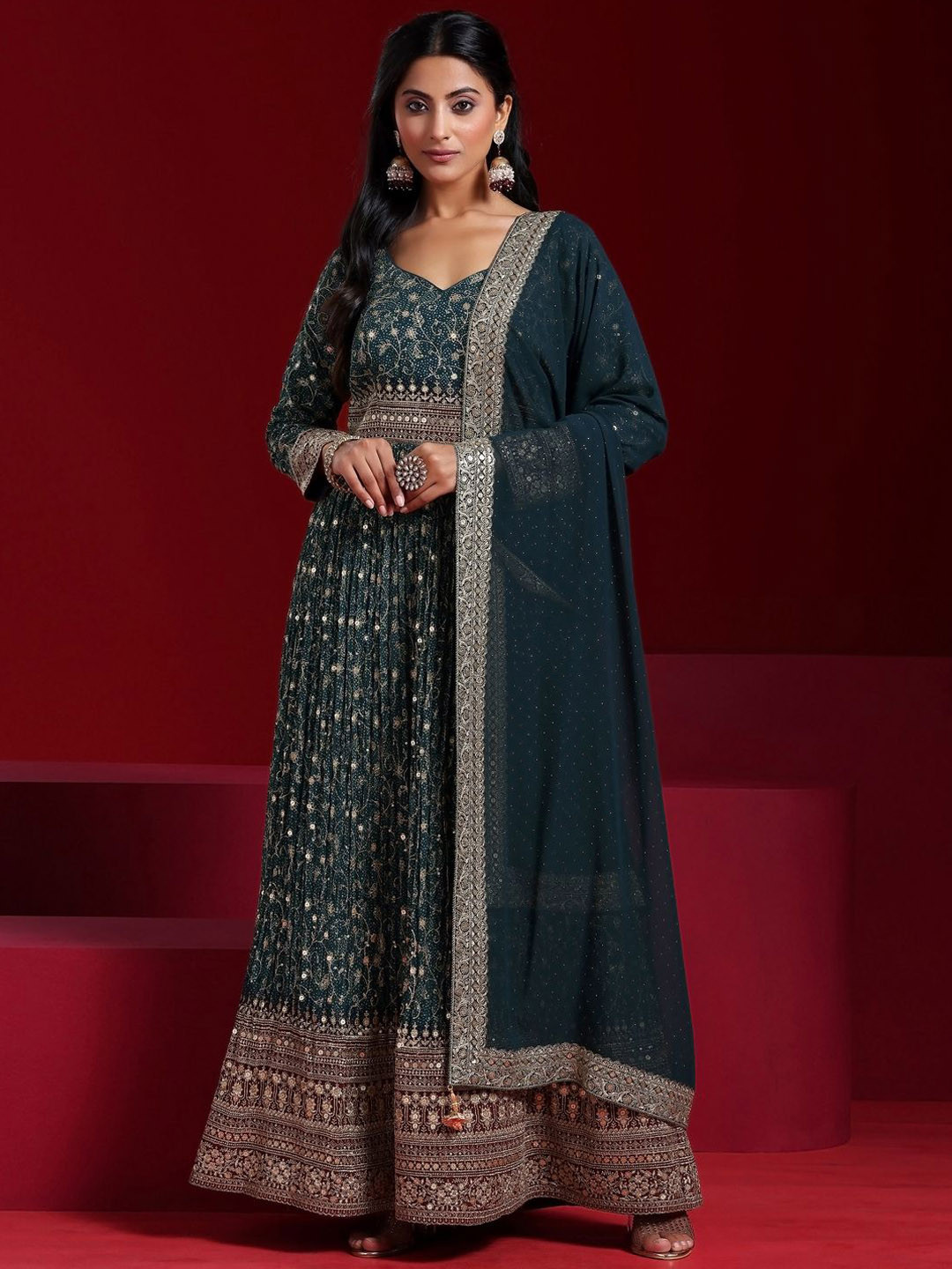 Libas Art Floral Embroidered Sequinned Anarkali Kurta with Trousers & With Dupatta